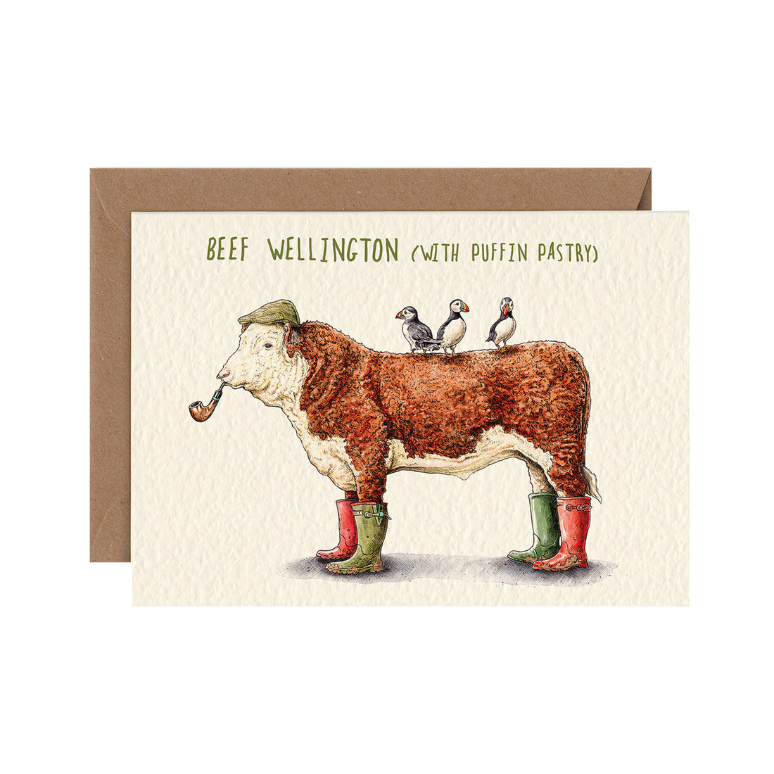 A Hester &amp; Cook Beef Wellington (With Puffin Pastry) Card, with an illustration of a cow wearing wellington boots with three puffin birds standing on its back.