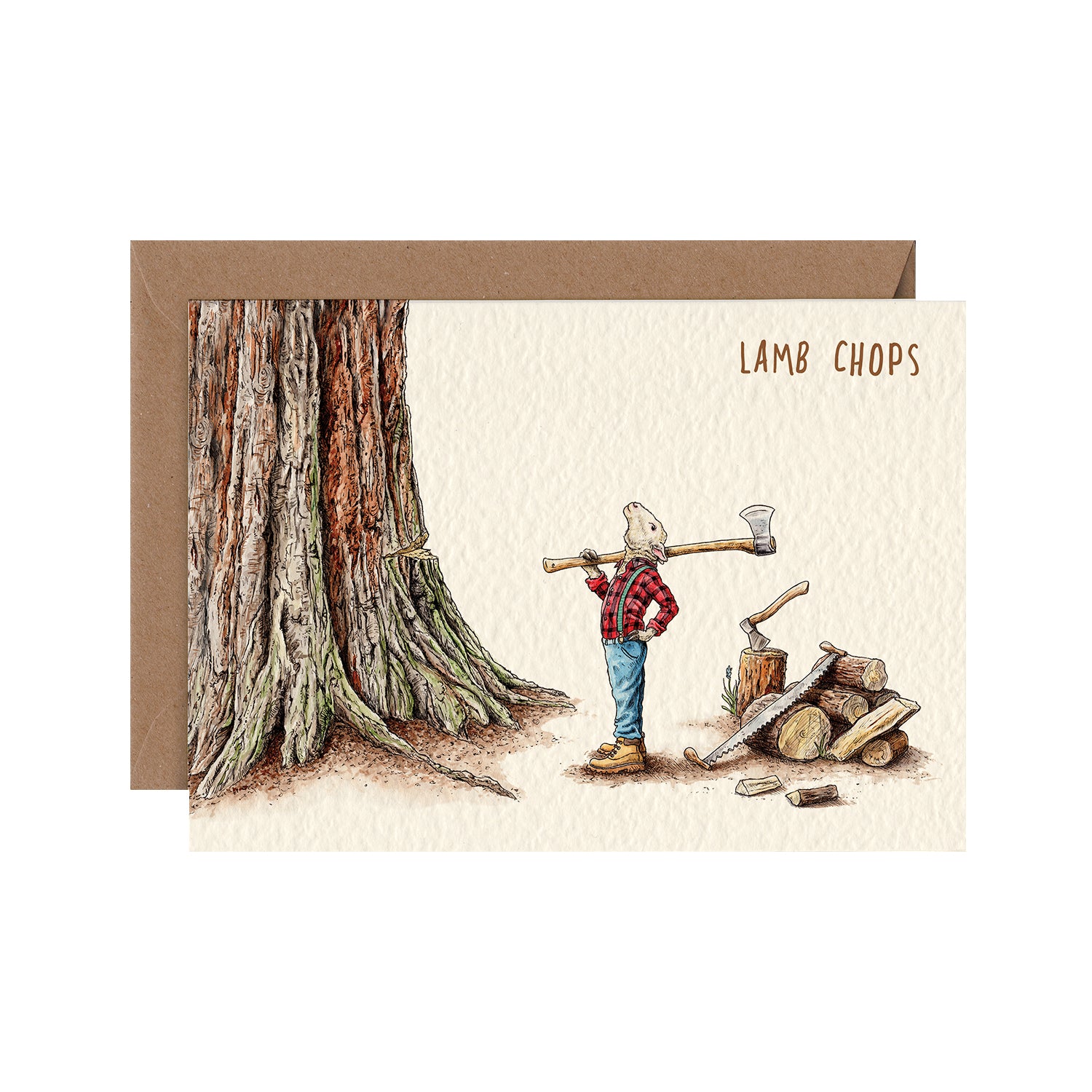 A Lamb Chops Card with a man holding an axe and a tree, created by Hester &amp; Cook.