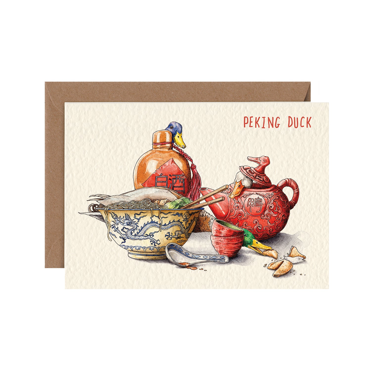 Peking Duck card featuring ducks and fortune cookies. (Brand: Hester &amp; Cook)