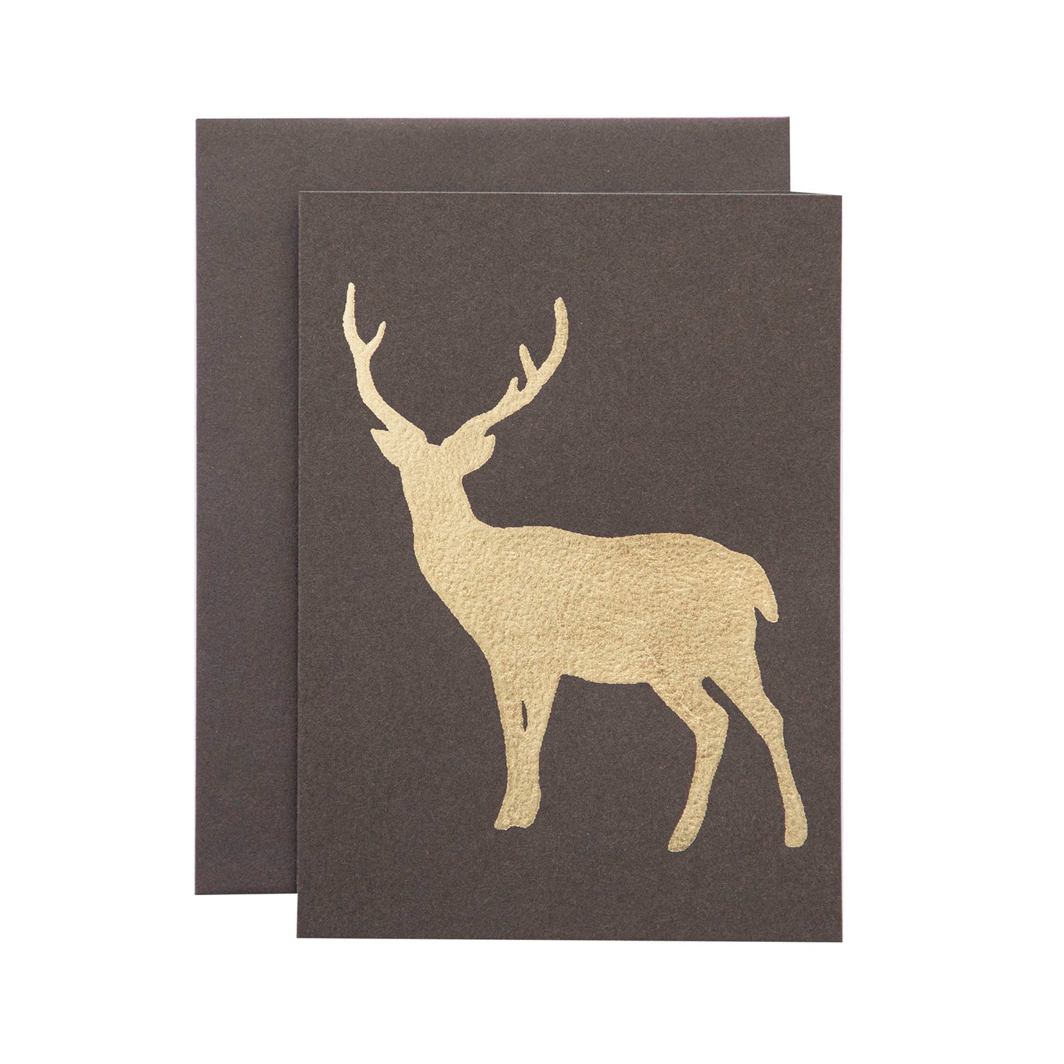 A dark brown card with the silhouette of a deer with antlers in solid gold leaf.