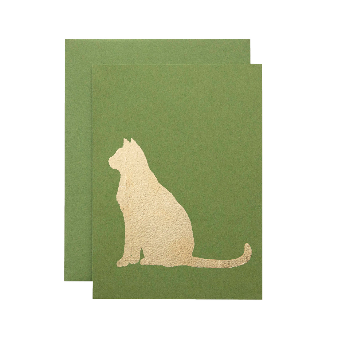 A leaf-green card with the silhouette of a cat in solid gold leaf.