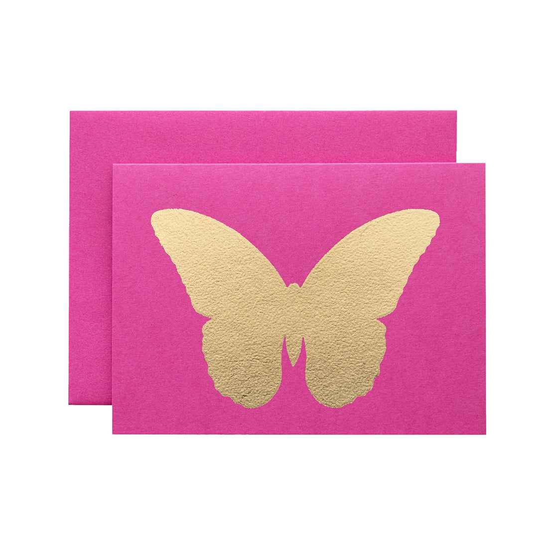 A pink card featuring the silhouette of a butterfly in solid gold leaf.