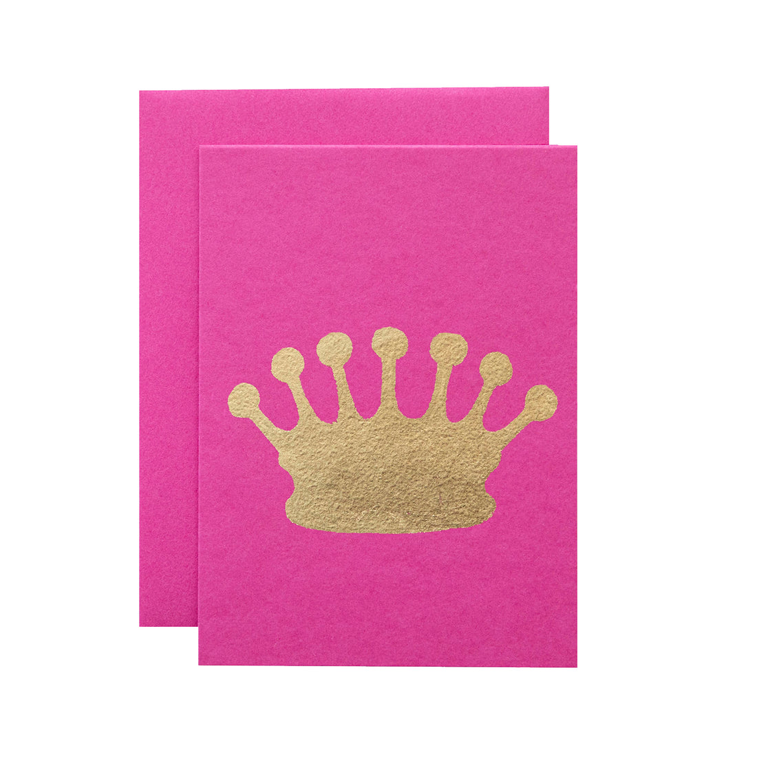 A pink card featuring the silhouette of a crown in solid gold leaf.