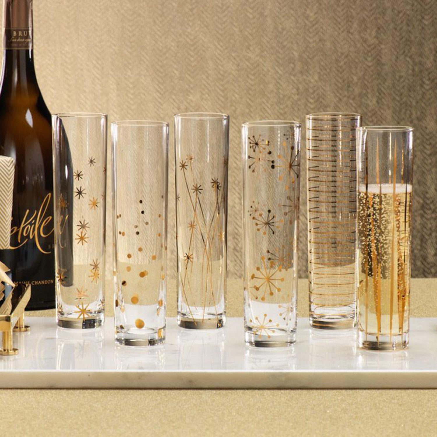 La Fete Golden Champagne Flutes, Set of 6 assorted