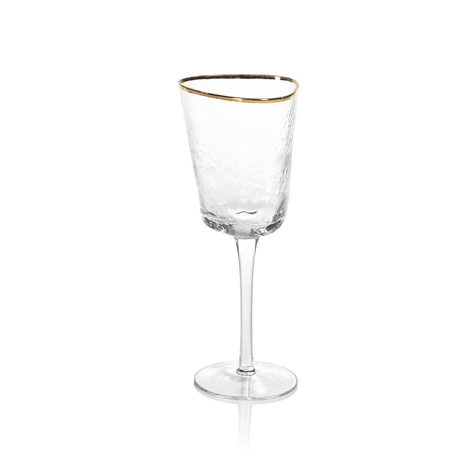 Two Zodax Hammered Glasses with Gold Rim on a tray with a bottle of champagne in the background.