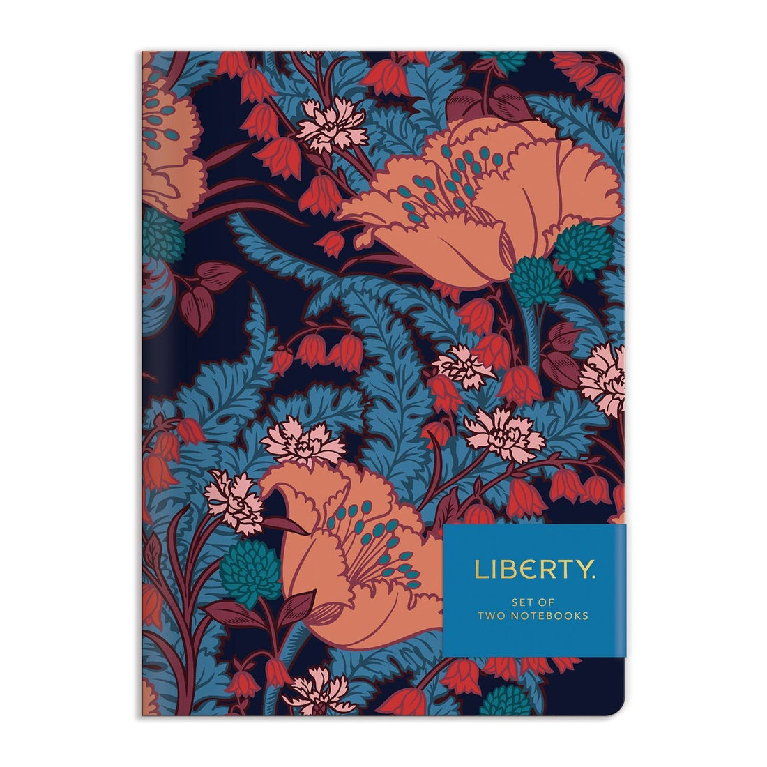 A set of two Chronicle Books Liberty London Floral Writers Journals with a colorful floral pattern on a dark background and the word &quot;Liberty&quot; on the cover, featuring lined pages.