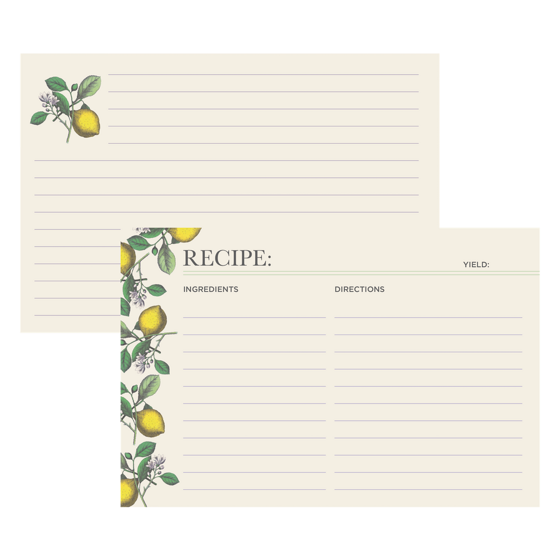 Both sides of a lined recipe card with space for ingredients and directions on the front, with more lined space on the back. The front of the card is adorned with yellow lemons and green leaves with white blossoms along the left edge, and the back features one lemon in the upper left corner.
