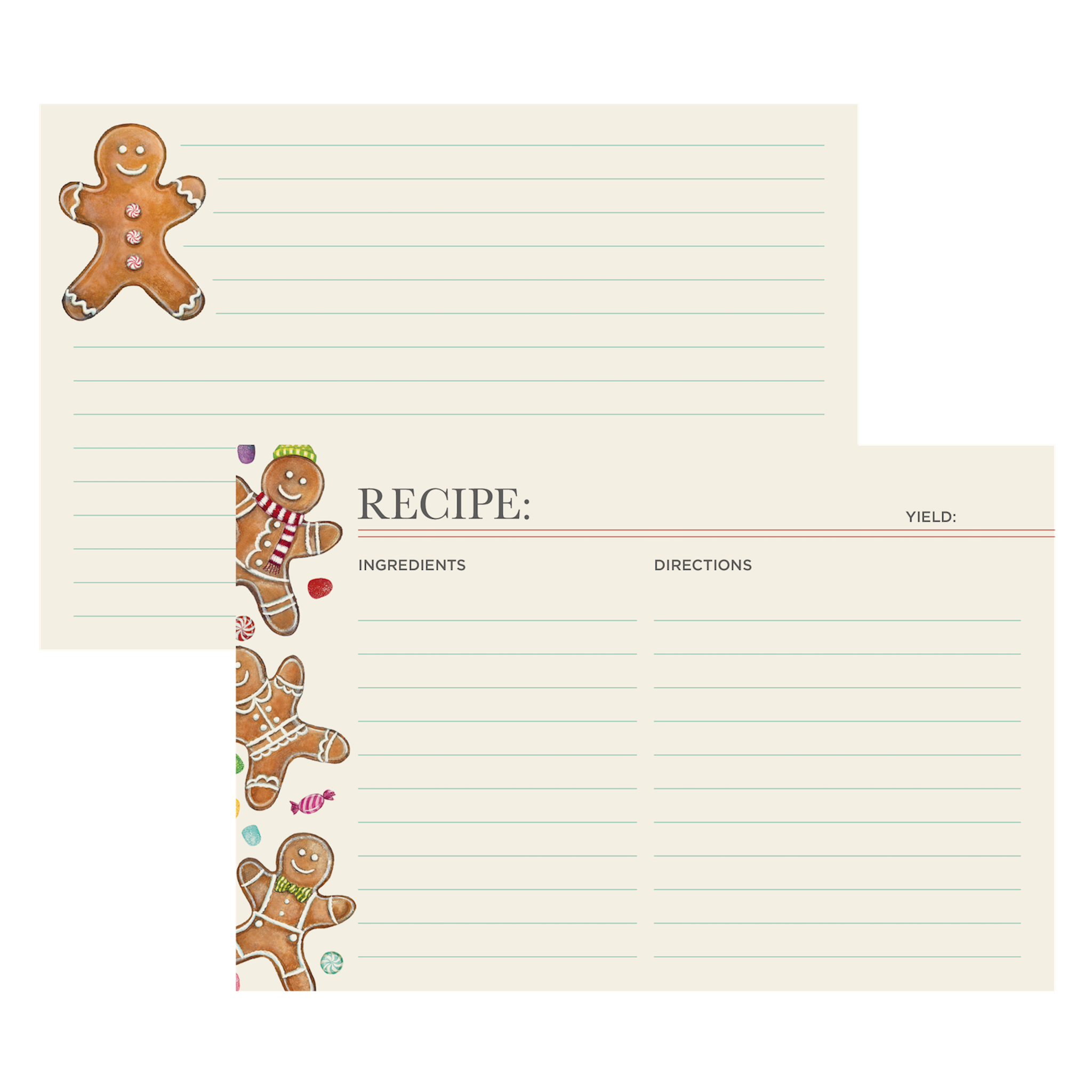Two Hester &amp; Cook Gingerbread Man Recipe Cards featuring gingerbread men, perfect as gifts.