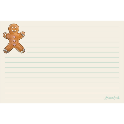 An image of a Hester &amp; Cook Gingerbread Man Recipe Card on a lined notepad, perfect for recipe cards.