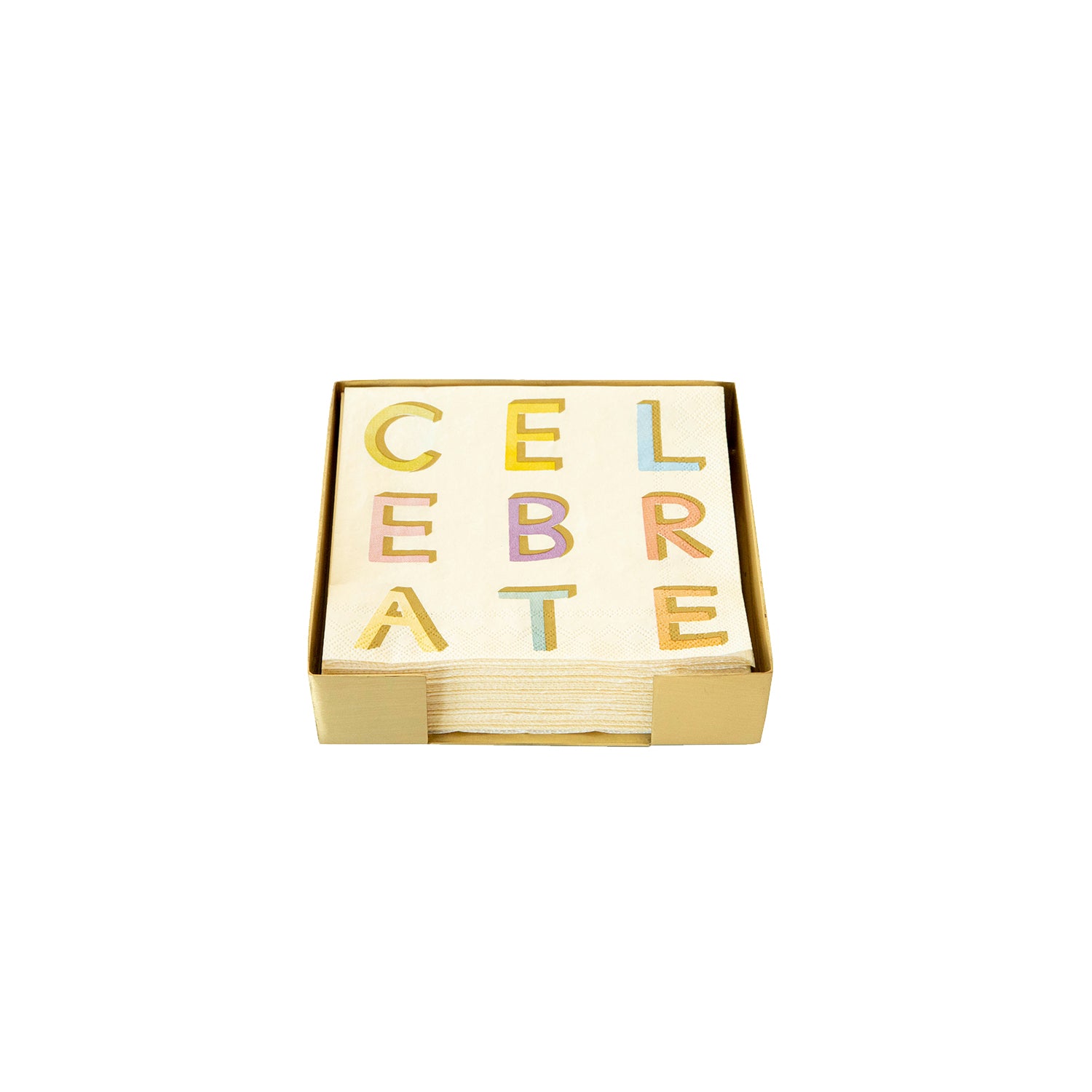 A Brass Cocktail Napkin Holder containing &quot;CELEBRATE&quot; napkins on a white table.