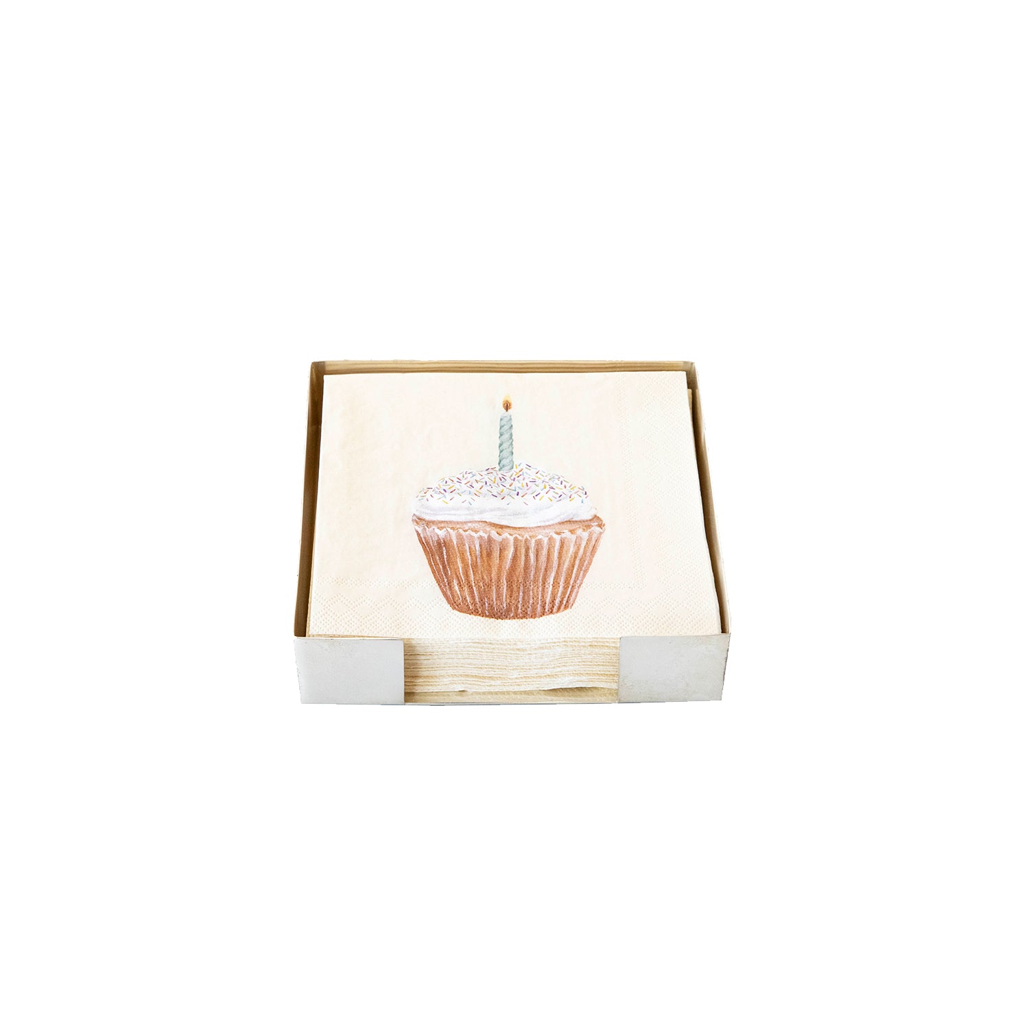 A Silver Cocktail Napkin Holder containing cupcake napkins on a white table.