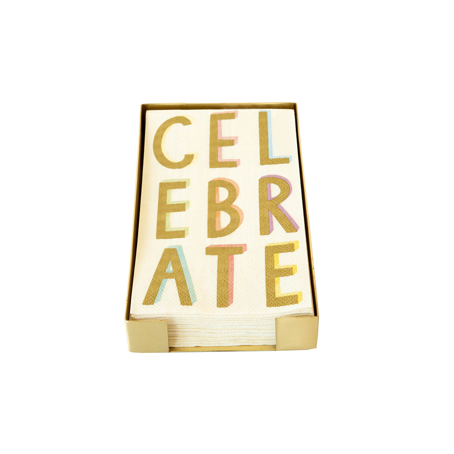 A Hester &amp; Cook brass napkin holder with the word celebrate on it exudes sophistication.