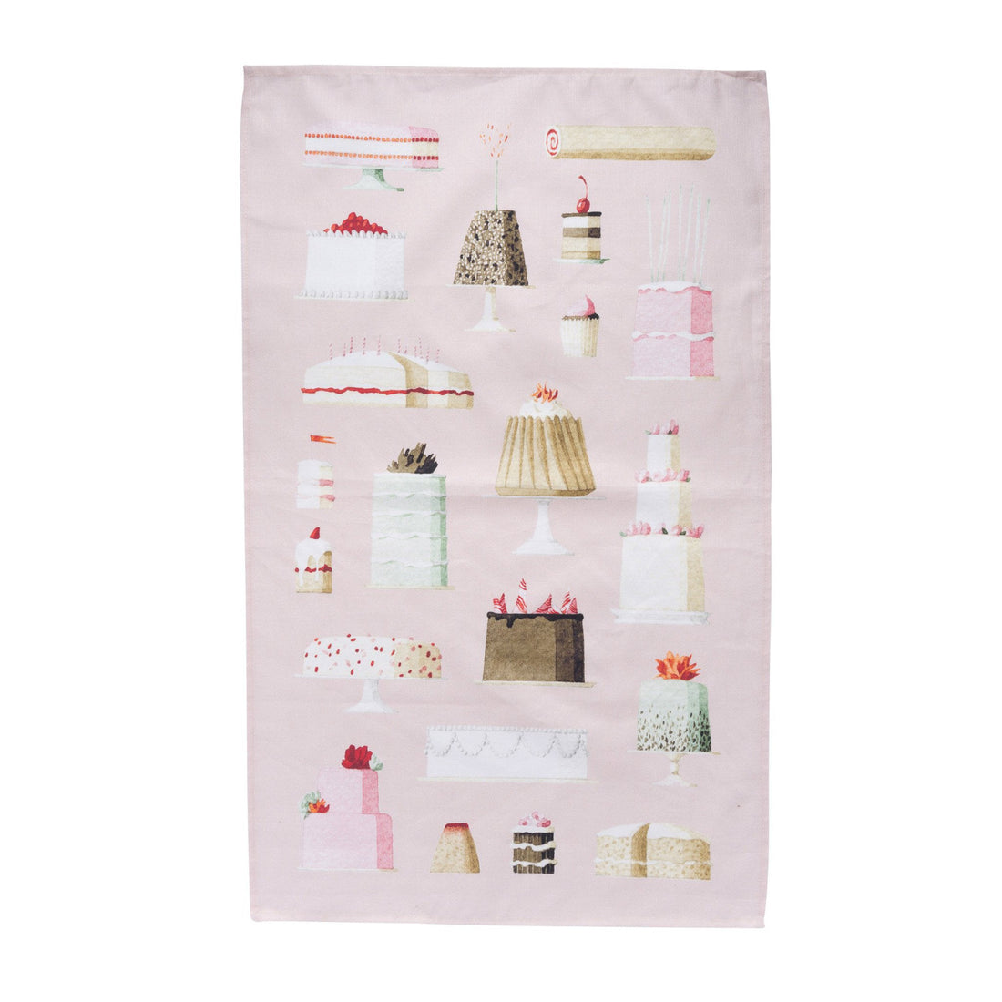 Assorted cakes and desserts illustrated on a Hester &amp; Cook Cakes Tea Towel.
