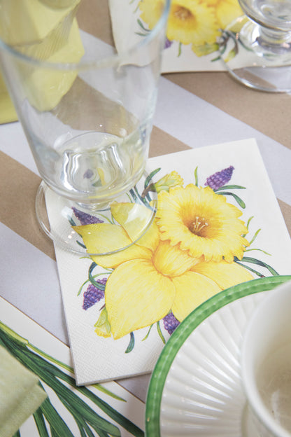 Blooming yellow Daffodil Napkins on a spring table setting with Hester &amp; Cook napkins.
