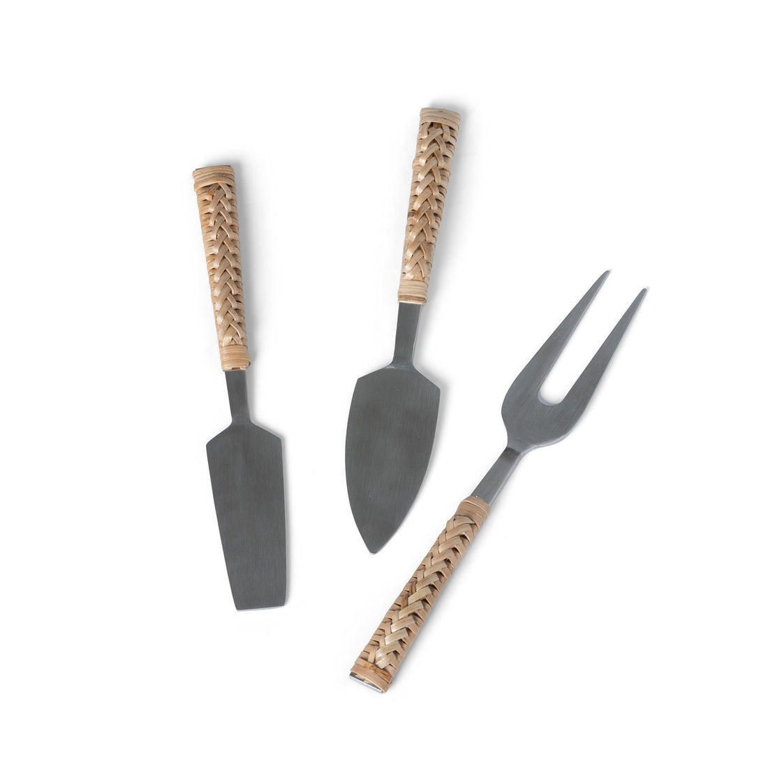 A group of Park Hill stainless steel utensils with woven bamboo handles.