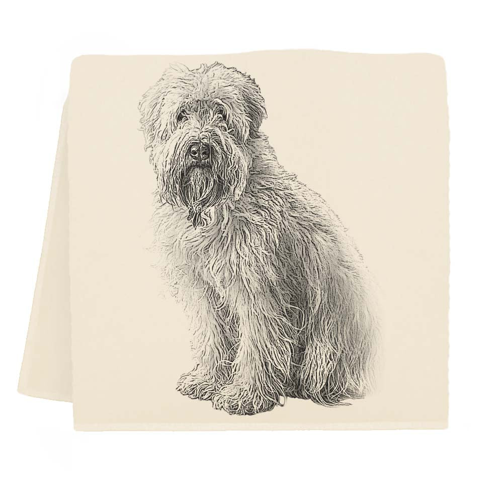 A screen-printed Maisy (Wheaten Terrier) drawing on a flour sack cotton napkin in Bucks County by Eric &amp; Christopher.