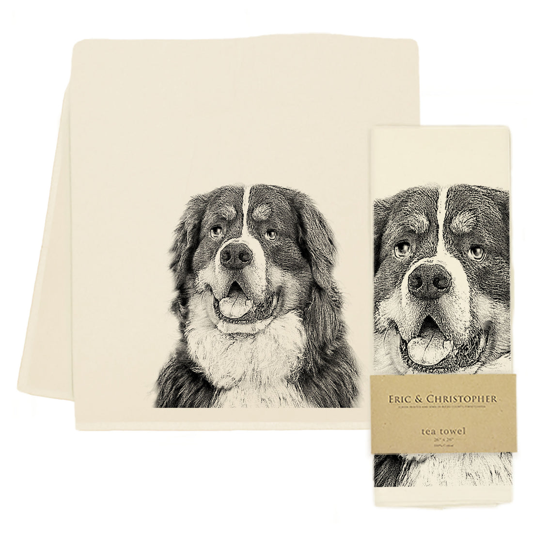 A screen-printed Bernese Mountain Dog Tea Towel by Eric &amp; Christopher next to its packaging, made in the USA.
