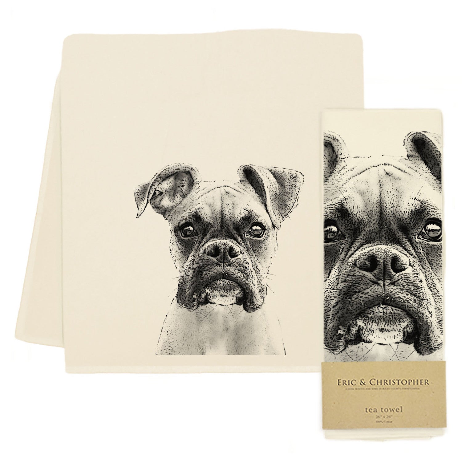 A black and white drawing of a boxer dog on an Eric &amp; Christopher boxer tea towel.