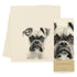 A black and white drawing of a boxer dog on an Eric & Christopher boxer tea towel.