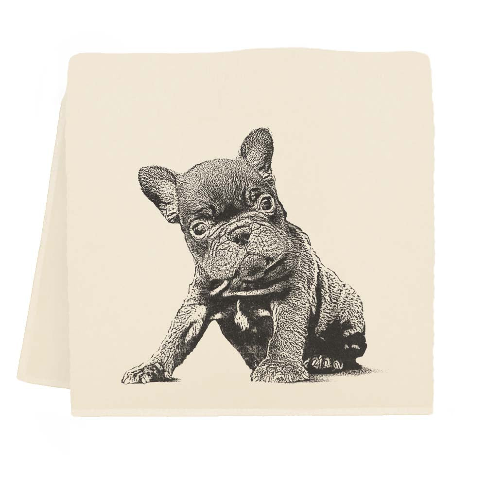 Illustration of a French Bulldog screen printed on a beige Eric &amp; Christopher Tea Towel.