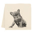 Illustration of a French Bulldog screen printed on a beige Eric & Christopher Tea Towel.