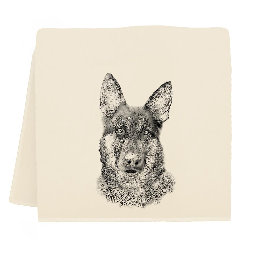Screen-printed illustration of a German Shepherd Tea Towel by Eric &amp; Christopher on a beige background.