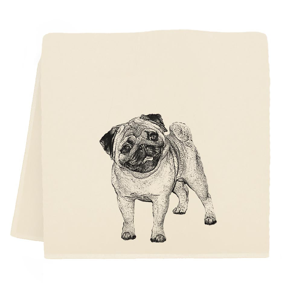 A drawing of a pug dog on an Eric &amp; Christopher Pug Tea Towel.