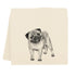 A drawing of a pug dog on an Eric & Christopher Pug Tea Towel.