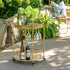 Indoor and outdoor setting with a Park Hill Metal Bamboo Bar Cart holding wine bottles, glasses, and a vase with green flowers.