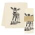 A black and white drawing of a cow on Eric & Christopher Baby Cow "Cowboy" Tea Towels.