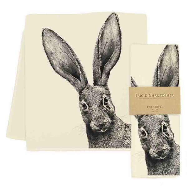 A screen-printed Jack Rabbit Tea Towel with a picture of a rabbit from Bucks County by Eric &amp; Christopher.