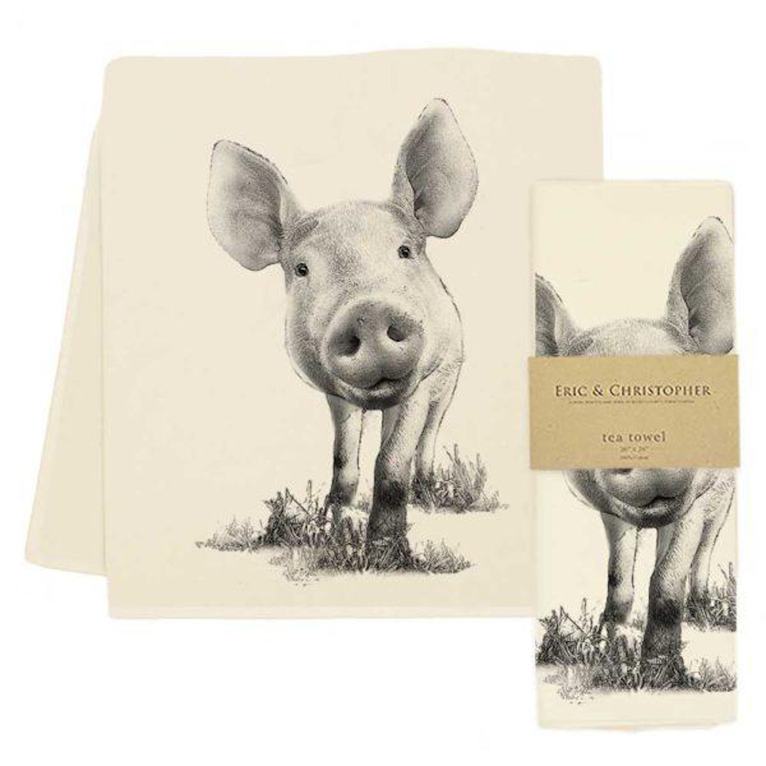 A black and white drawing of a pig on an Eric &amp; Christopher Piglet 