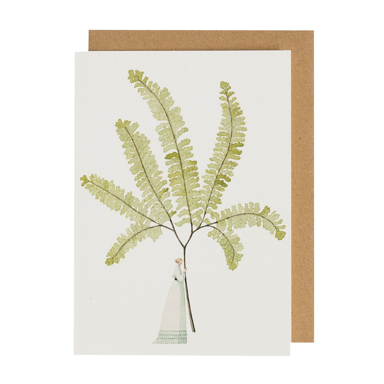 A Fabulous Ferns 4 Greeting Card with an illustration by Laura Stoddart of a woman holding a fern, made from environmentally sustainable materials by Hester &amp; Cook.