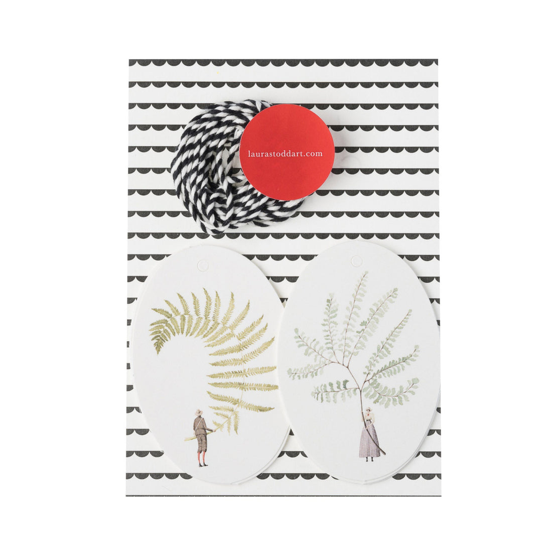A pack of oval, white paper gift tags featuring illustrations of a man or woman holding a gigantic fern frond, with black and white twine included to hang the tags.