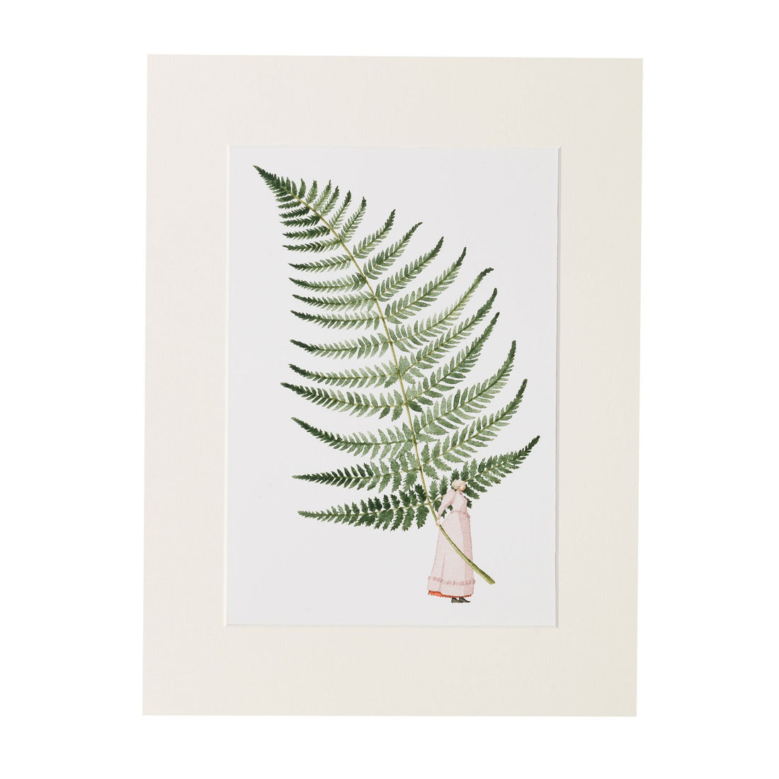 A stylized watercolor illustration of a small woman holding a gigantic fern frond by the stem on a white background, contained in a white mat.
