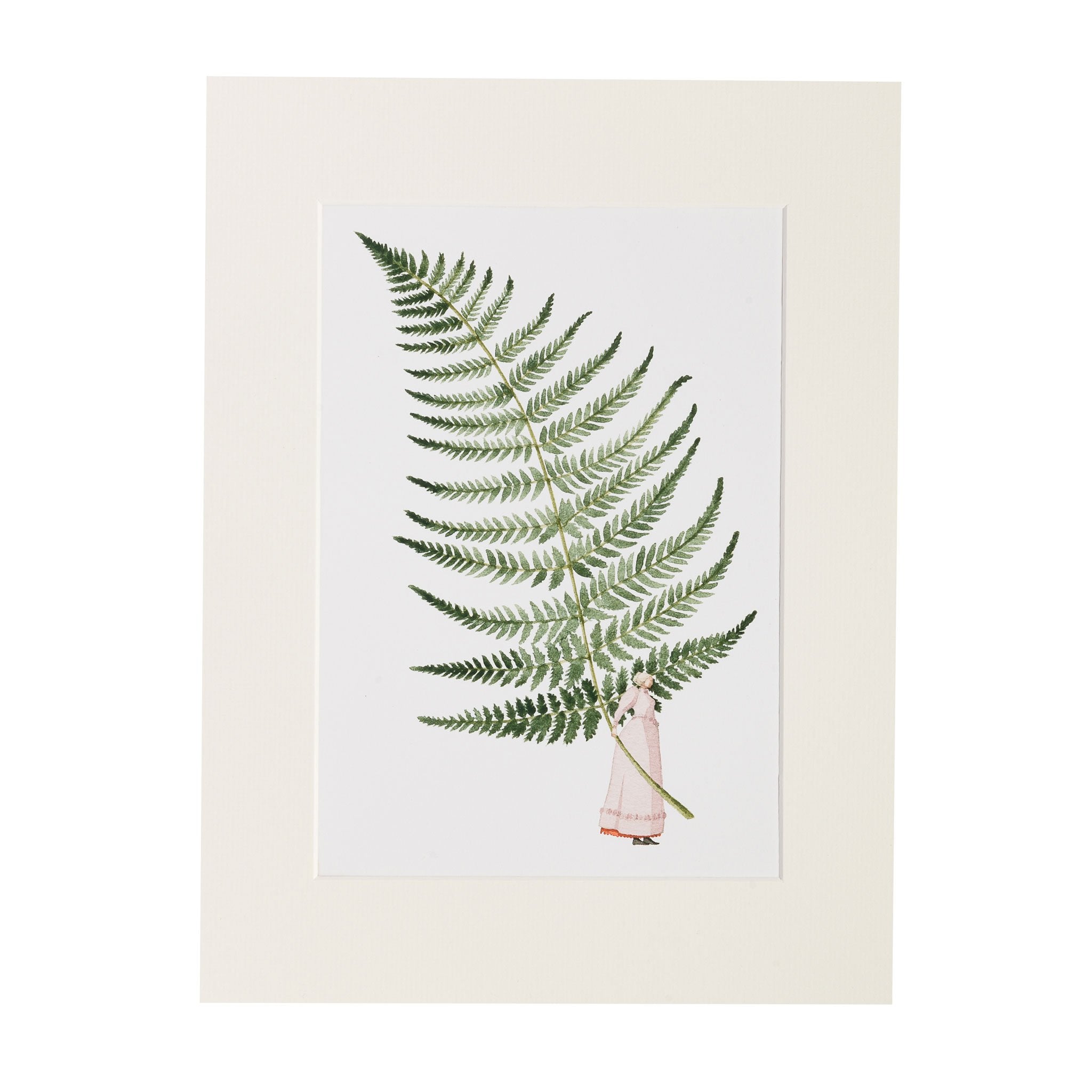 A stylized watercolor illustration of a small woman holding a gigantic fern frond by the stem on a white background, contained in a white mat.