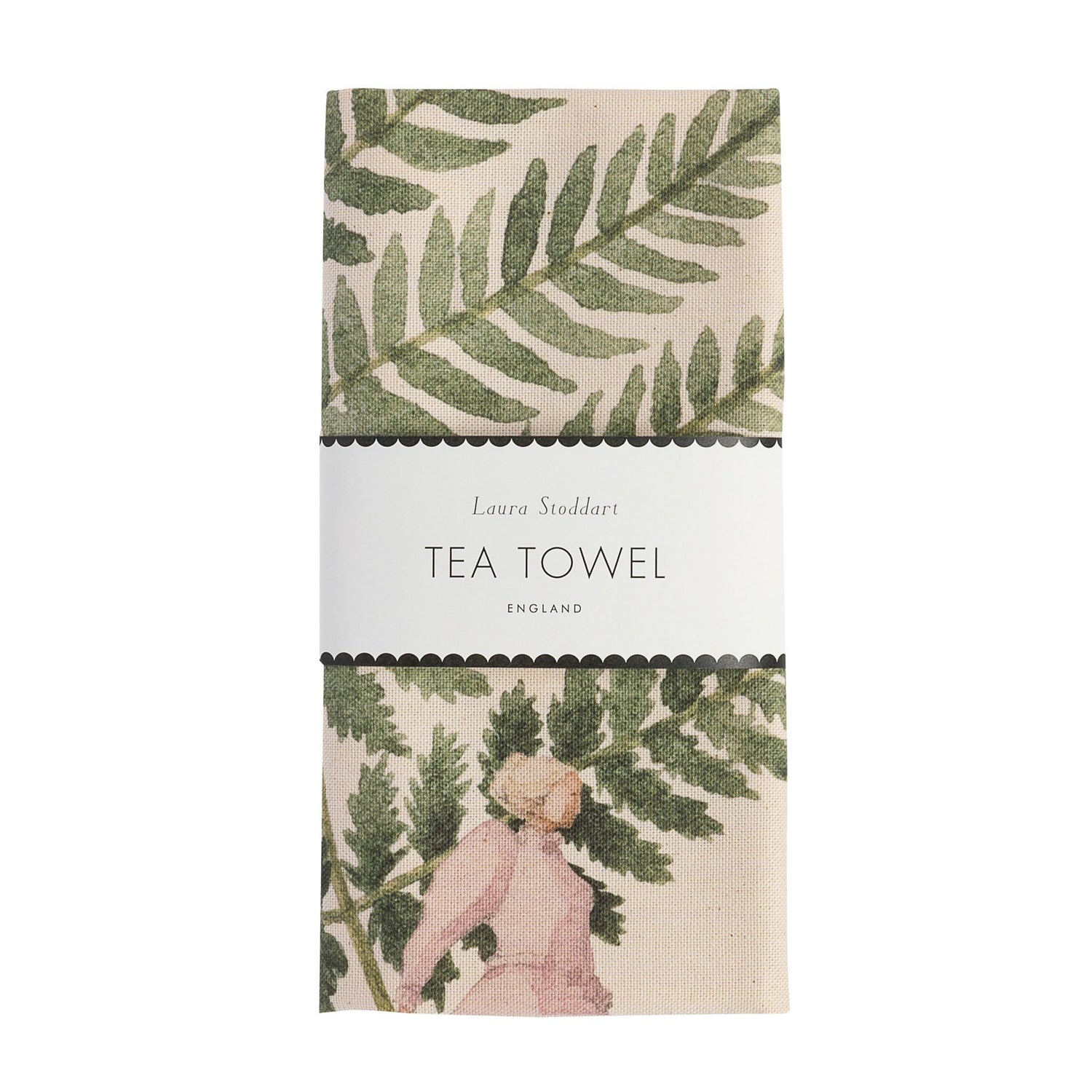 A Single Fern Tea Towel with an image of a woman holding a fern, from the &quot;Fabulous Ferns&quot; collection by Hester &amp; Cook.