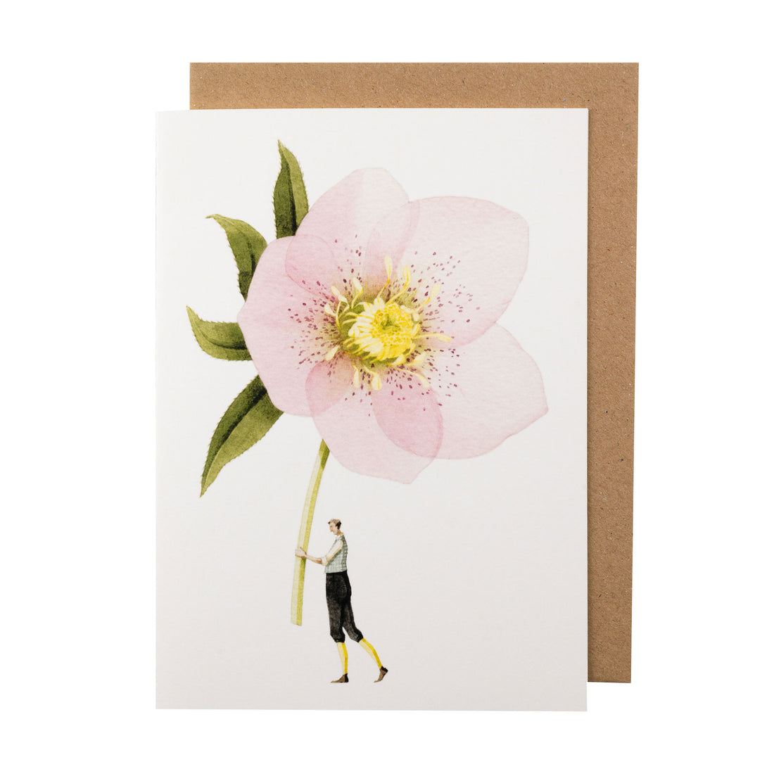 A Pink Hellebore Greeting Card with a woman holding a pink flower, printed on environmentally sustainable paper by Hester &amp; Cook.