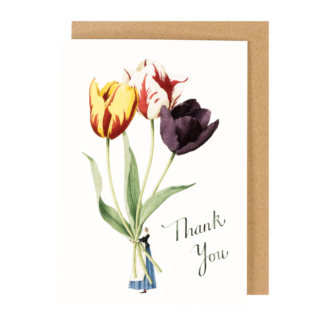 A white greeting card featuring a stylized illustration of a woman in traditional dress holding three gigantic tulips by the stems, with "Thank You" written in lovely script. The included kraft paper envelope is tucked behind the card.