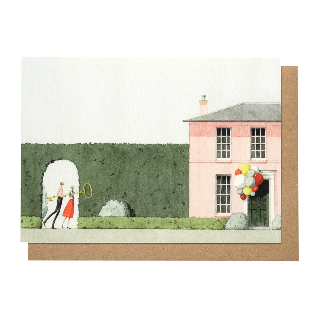 A greeting card featuring a stylized illustration of a couple walking up to a pink house holding a gigantic gold key between them. 