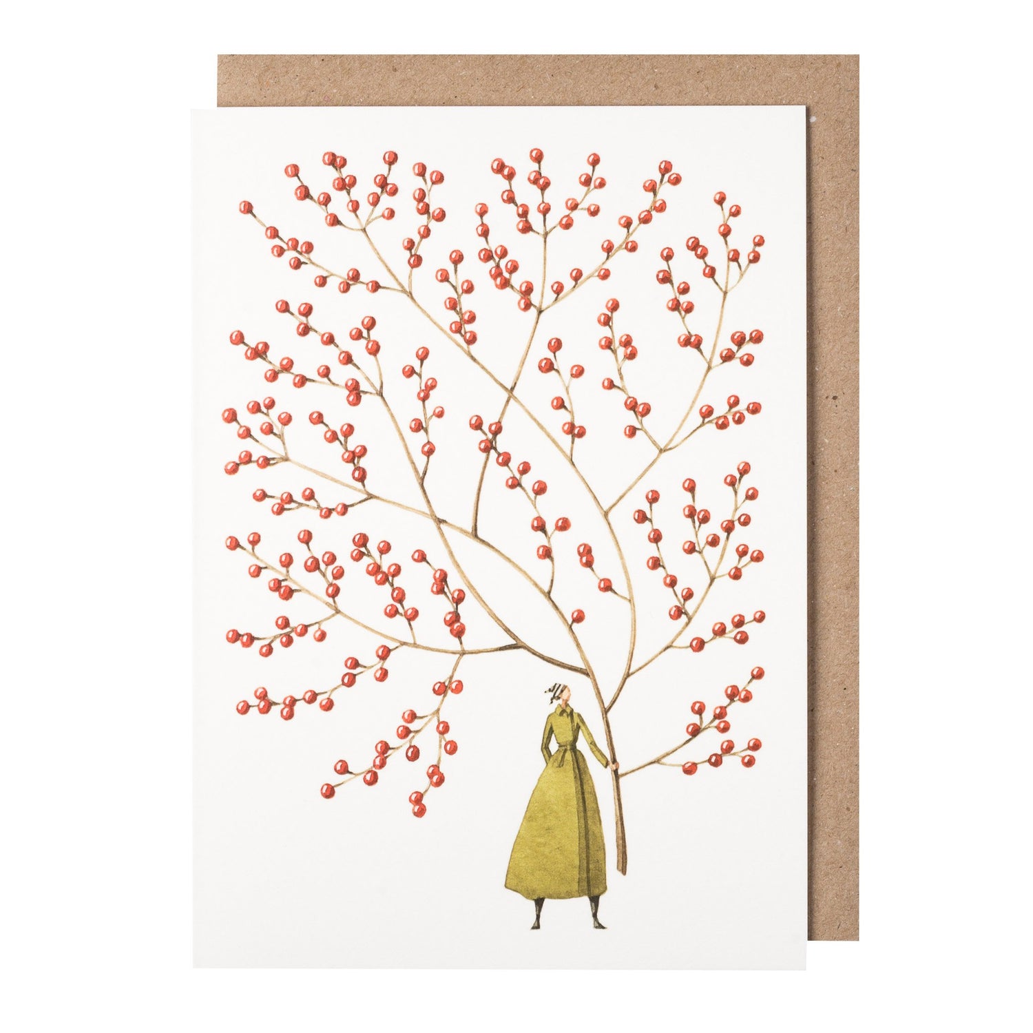 A white greeting card featuring an illustrated small woman in a green dress holding aloft a gigantic branch of red berries, with the included kraft paper envelope tucked behind the card.