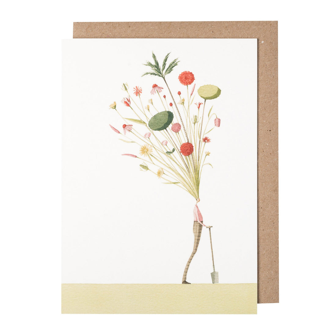 An environmentally sustainable Seed Head Card featuring an illustration of a man carrying a bouquet of flowers on Hester &amp; Cook artwork paper.