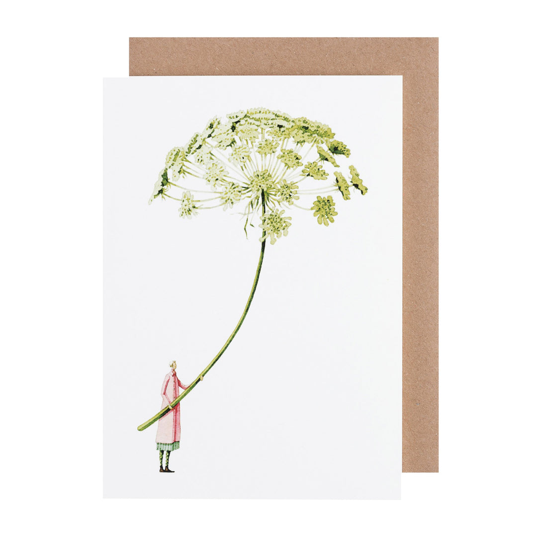 A Hester &amp; Cook Ammi greeting card with an illustration of a woman holding a flower, made from environmentally sustainable materials.