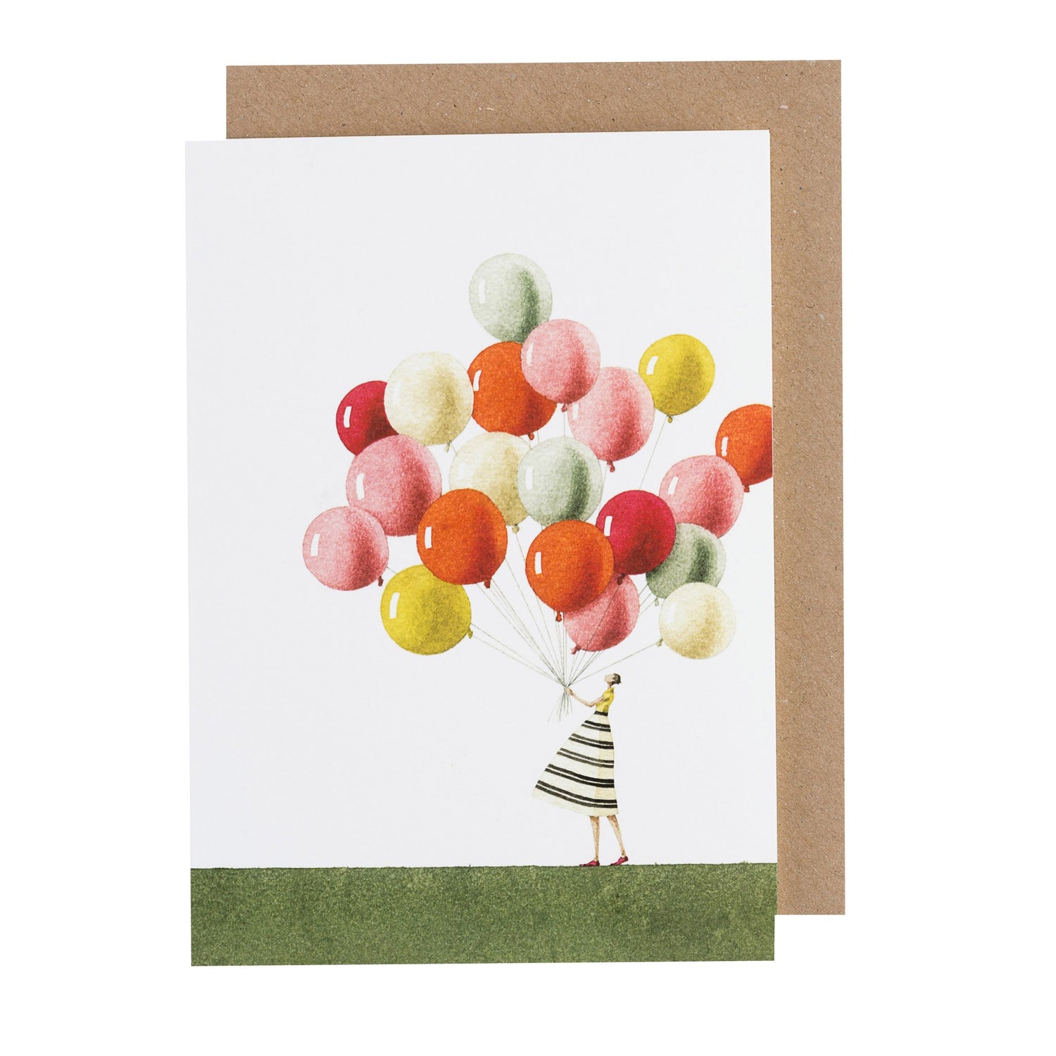 Illustration on an environmentally sustainable paper of a person holding a cluster of colorful Balloons Greeting Card by Hester &amp; Cook on a white background with a green strip representing the ground, perfect as a greetings card made in England.