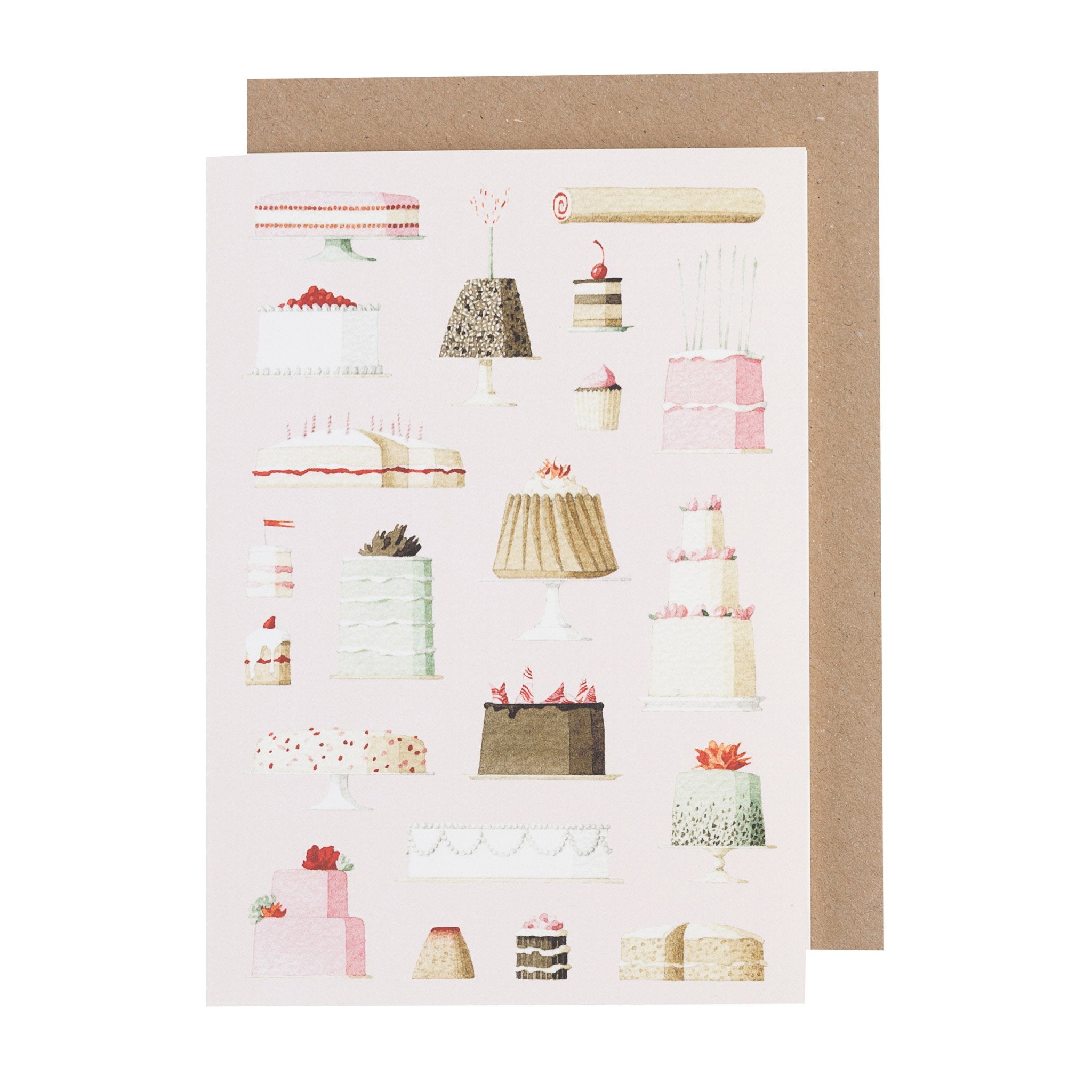 A pink Cakes Greeting Card with a variety of cakes on it, made from environmentally sustainable paper by Hester &amp; Cook.