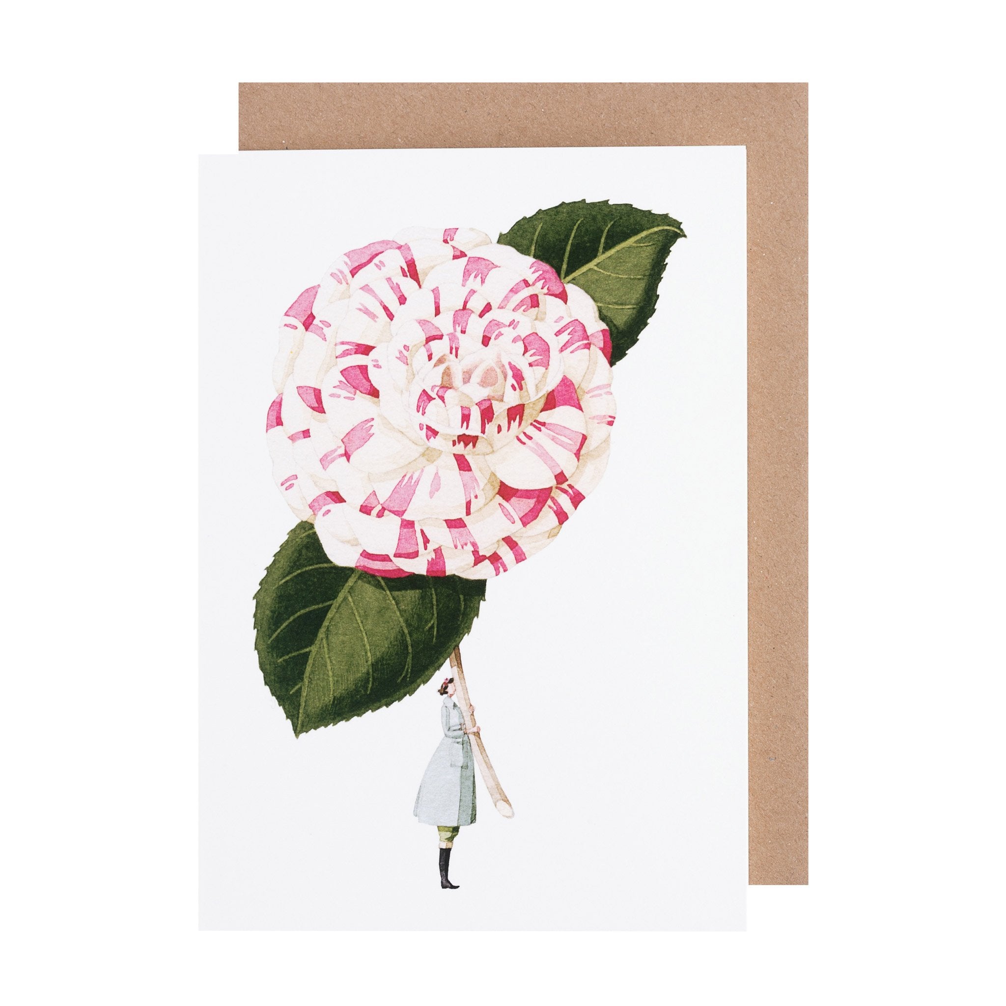 A whimsical illustration by Laura Stoddart of a tiny person holding a giant pink and white striped rose, printed on environmentally sustainable paper as a unique Camellia Greeting Card by Hester &amp; Cook.