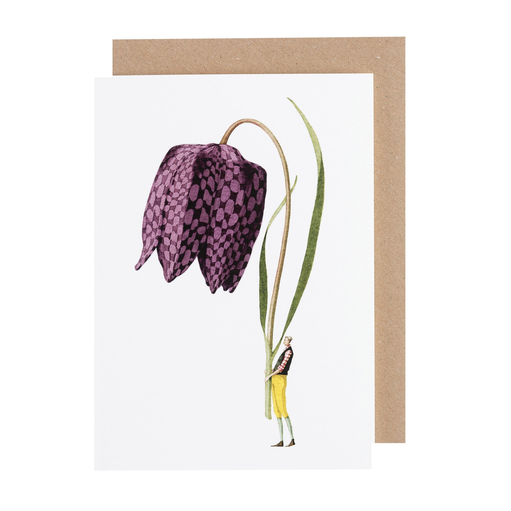 A Fritillary Greeting Card with artwork by Laura Stoddart, featuring a purple flower on it by Hester &amp; Cook.