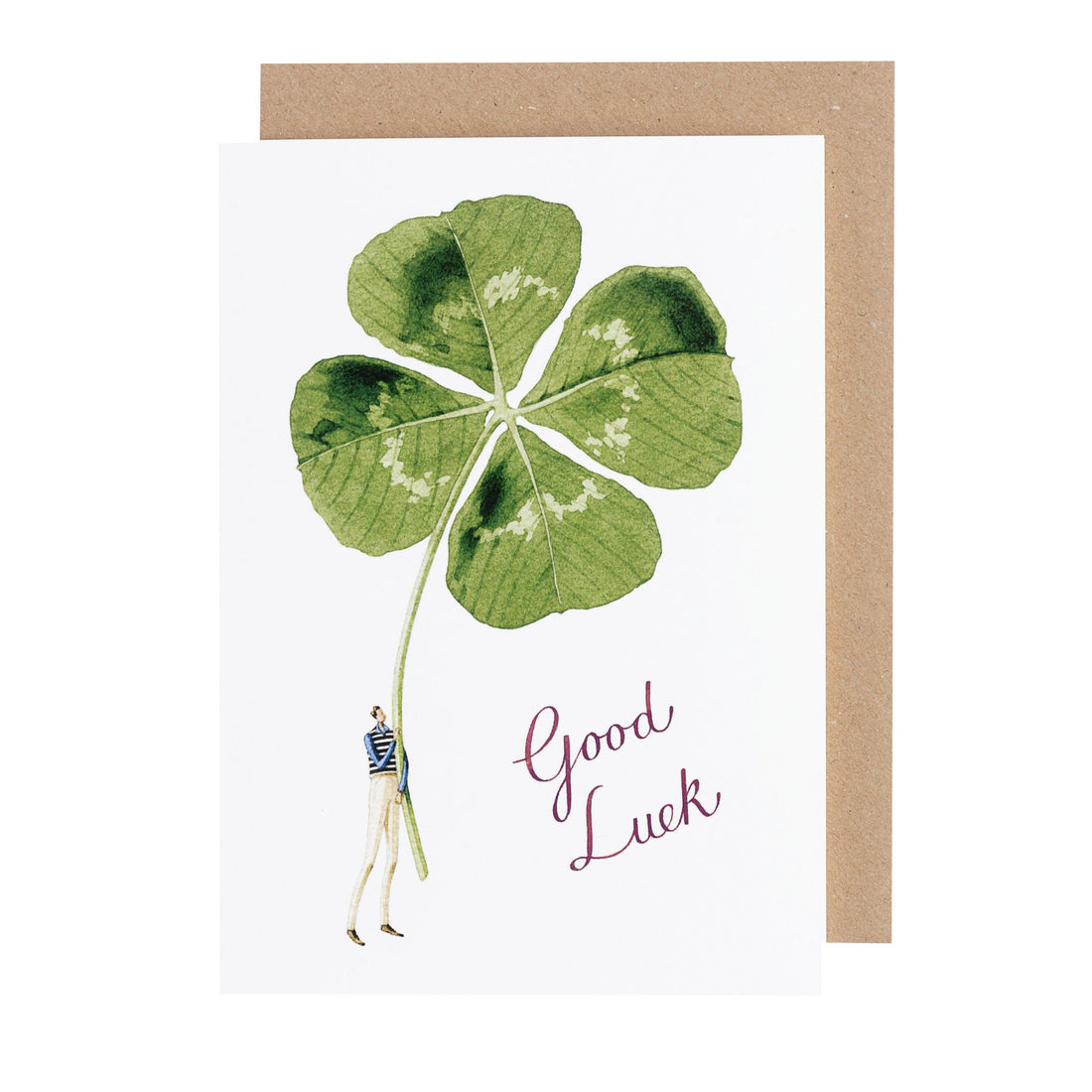 A Good Luck Gentleman Greeting Card designed by Laura Stoddart with a four-leaf clover and the words &quot;good luck,&quot; crafted from environmentally sustainable materials by Hester &amp; Cook.