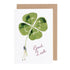 A Good Luck Gentleman Greeting Card designed by Laura Stoddart with a four-leaf clover and the words "good luck," crafted from environmentally sustainable materials by Hester & Cook.