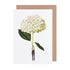 A white greeting card featuring a stylized illustration of a man holding a gigantic light green hydrangea bloom by the stem, with the included kraft paper envelope.